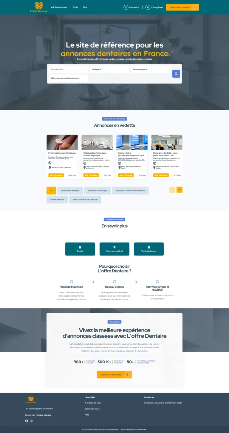 Page d'accueil du site L'Offre Dentaire, plateforme dédiée aux annonces dentaires en France, avec moteur de recherche, annonces en vedette et présentation des avantages du service